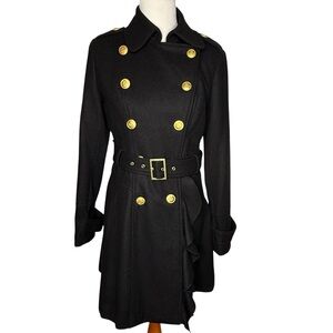 Guess Black Wool Double Breasted Belted Trench Coat Gold Buttons Sz M Old Money